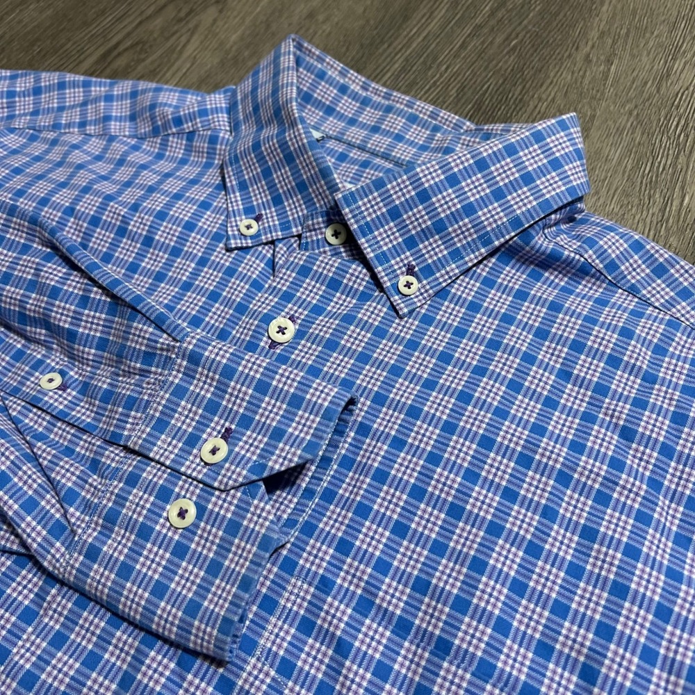 David Donahue Button Down Shirt XL Blue Red Plaid Long Sleeve Cotton